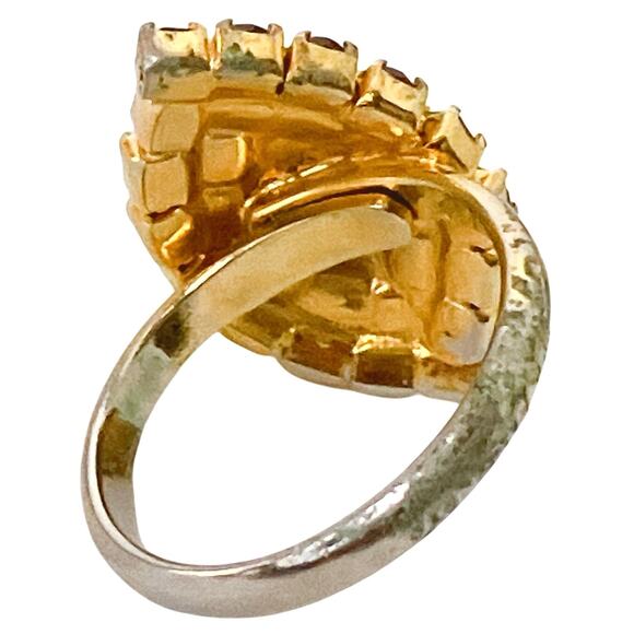 Vintage 60s 70s Cocktail Ring Gold Tone Blue Navette Red Rhinestone Statement - Picture 8 of 13